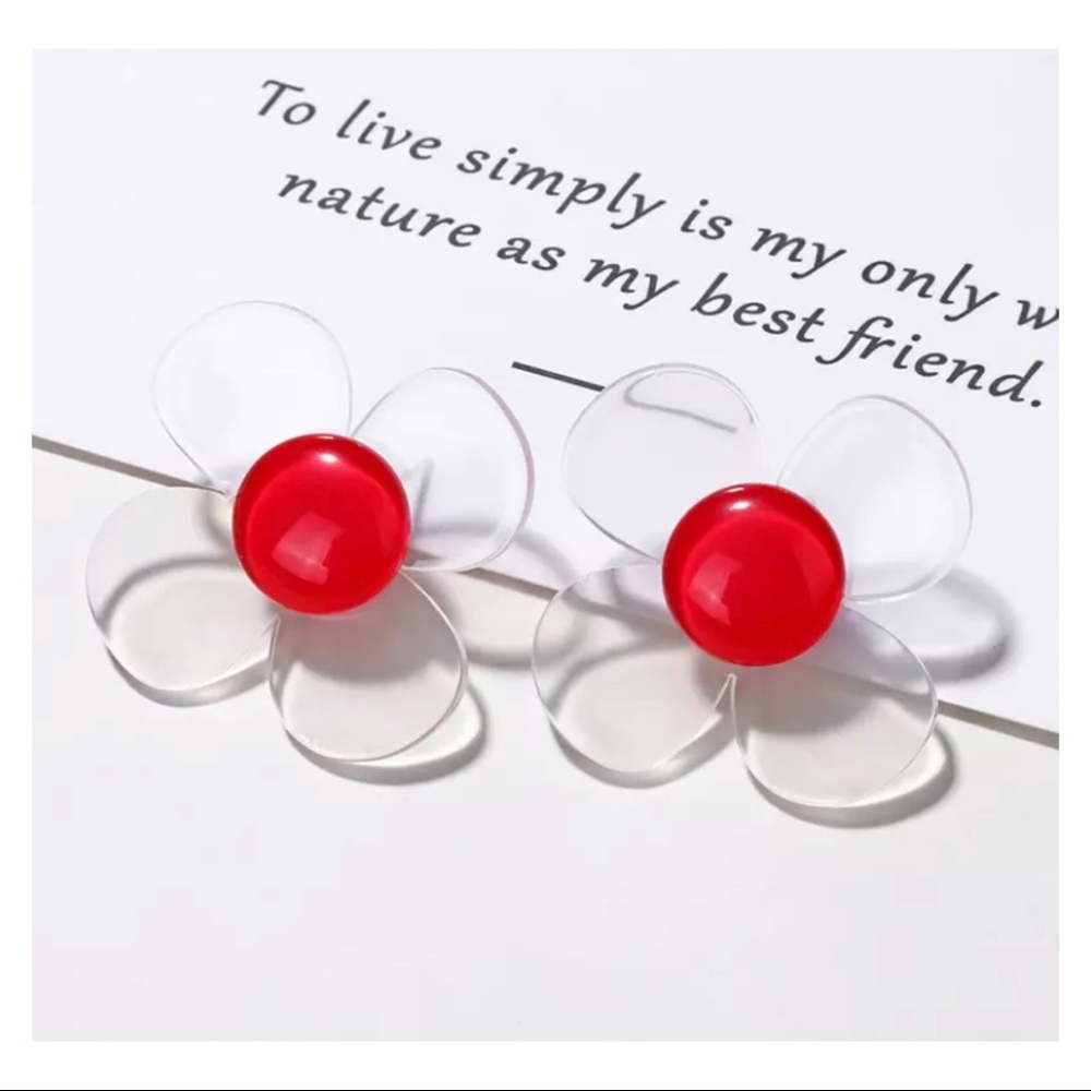Clear Transparent Red Flower Stud Earrings